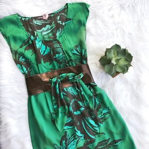Hale Bob green satin floral dress + metallic belt